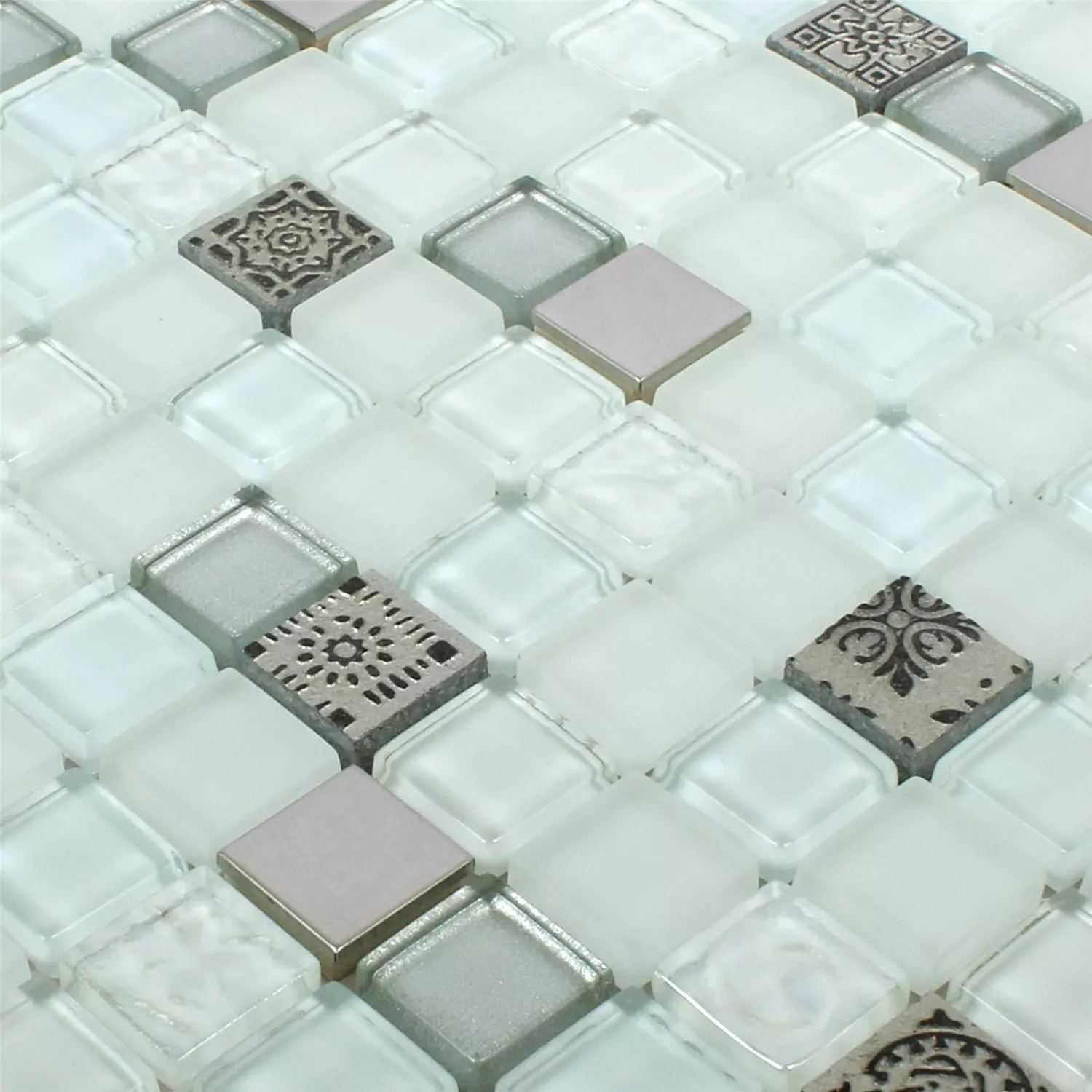 Azulejo Mosaico Vidro Resina Aço Inoxidável Mix Gramos Branco