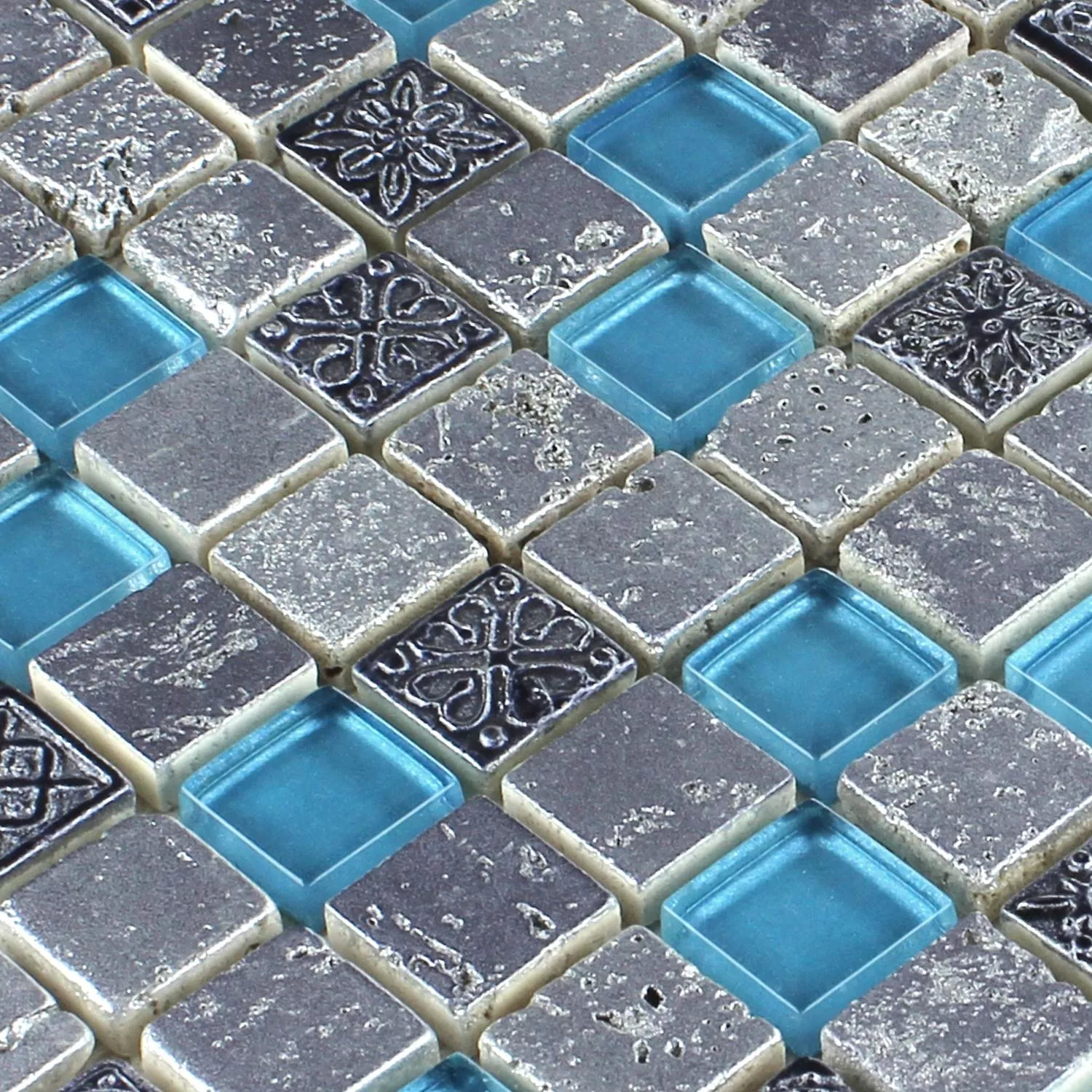 Azulejo Mosaico Vidro Resina Pedra Mix Azul Prata