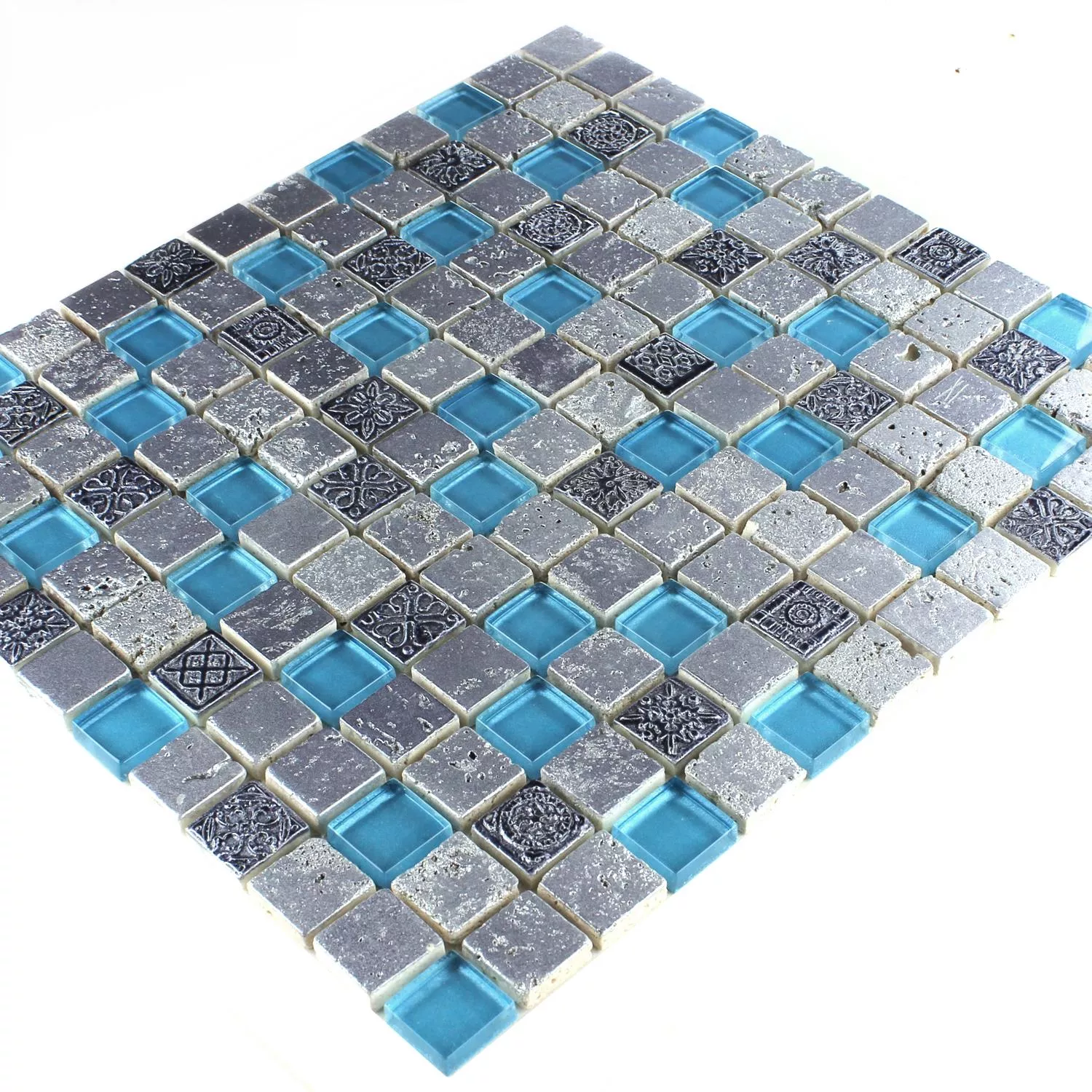 Azulejo Mosaico Vidro Resina Pedra Mix Azul Prata