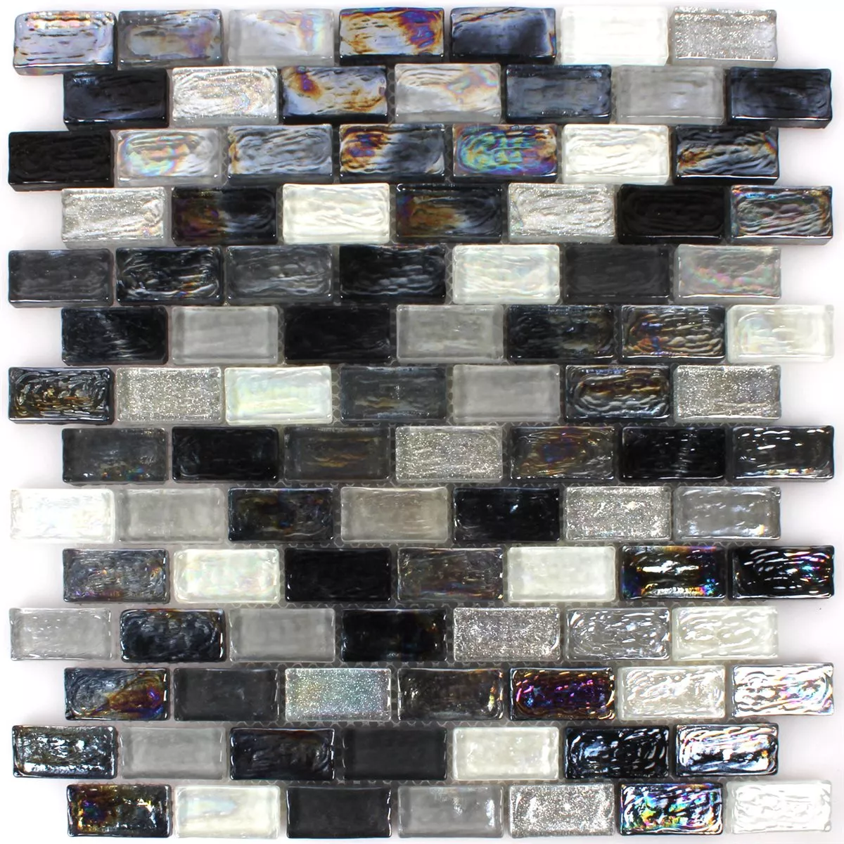 Azulejo Mosaico Vidro Efeito Petrol Black Mix 20x42x8mm