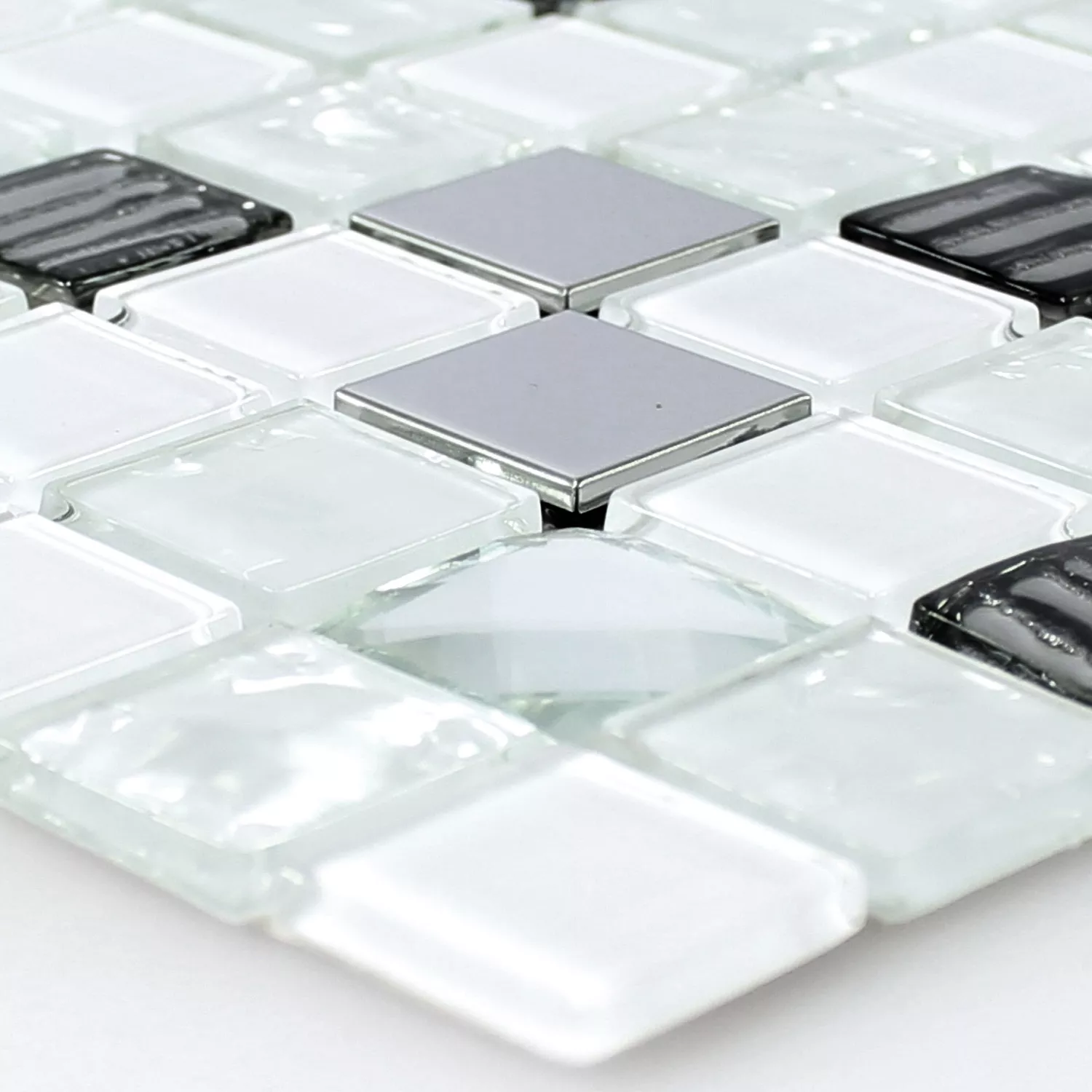 Vidro Aço Inoxidável Mosaico Amasya Autoadesivo Branco Prata
