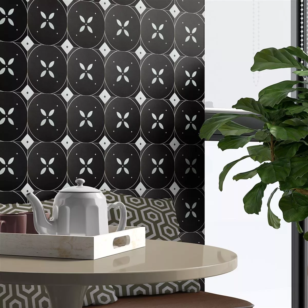 Grés Porcelânico Azulejos Genexia Preto Branco Decor 3 Rosana  4,6x4,6cm