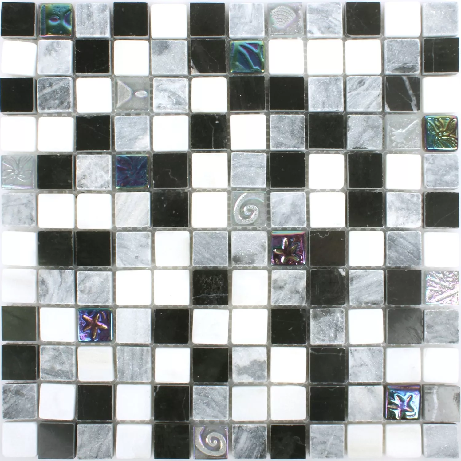 Azulejo Mosaico Relief Mármore Vidro Mix Preto Cinza Branco