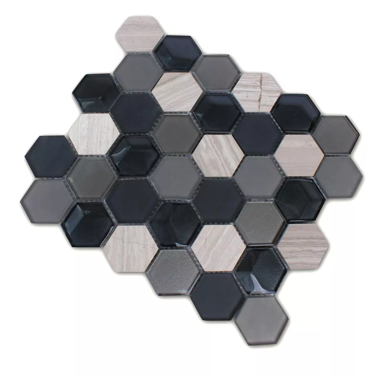 Azulejo Mosaico Hexágono Vidro Pedra Natural Preto Cinza 3D