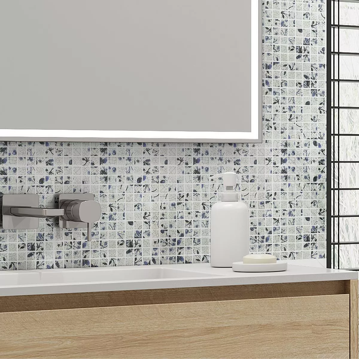 Amostra Cerâmica Azulejo Mosaico Isabella Branco Azul