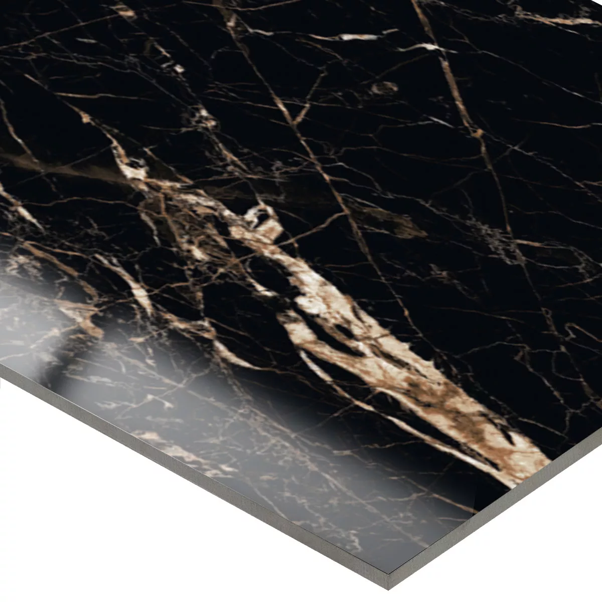 Ladrilhos Trento Aparência de Mármore Preto Ouro Polido Brilhante 60x120cm