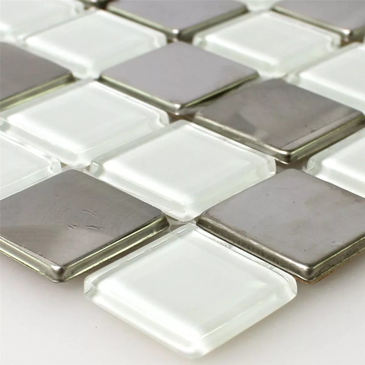 Azulejo Mosaico Aço Inoxidável Vidro Branco Prata Mix