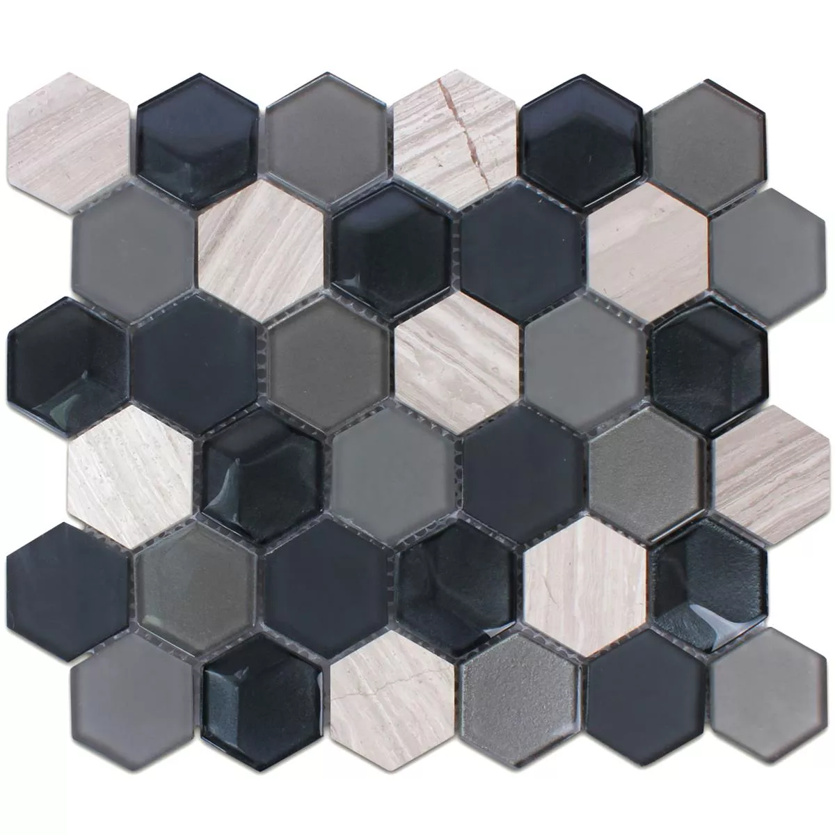 Azulejo Mosaico Hexágono Vidro Pedra Natural Preto Cinza 3D