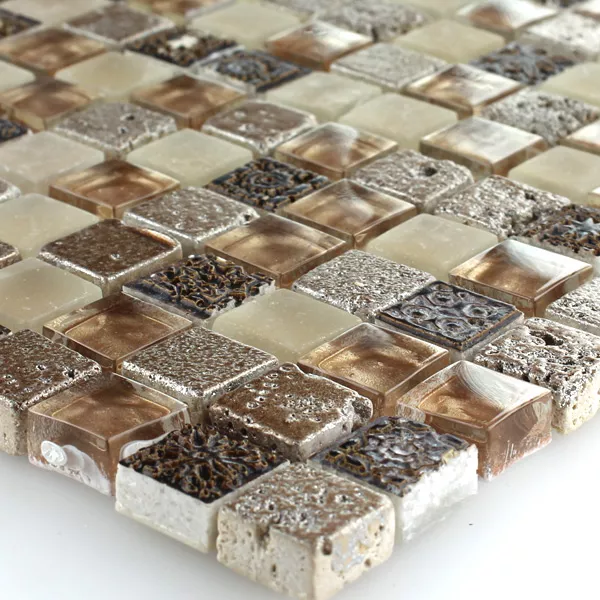 Padrão de Azulejo Mosaico Escimo Vidro Pedra Natural Mix Marrom Bege