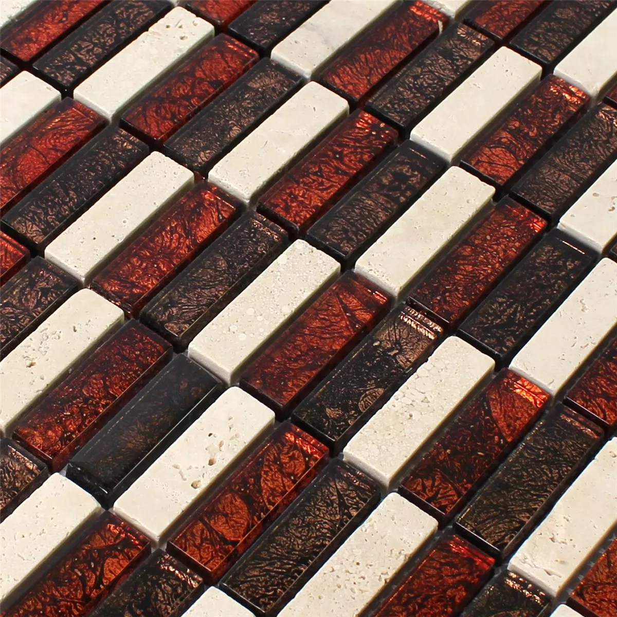 Azulejo Mosaico Pedra Natural Vidro Vermelho Marrom Bege Stick