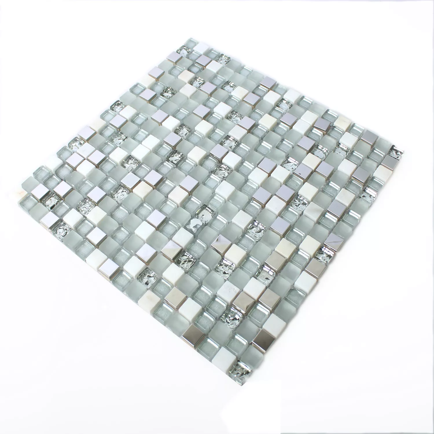 Padrão de Vidro Aço Inoxidável Mosaico De Pedra Natural Azulejos Branco Prata