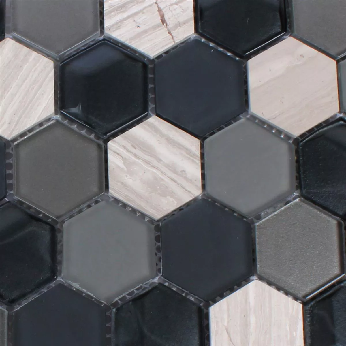 Azulejo Mosaico Hexágono Vidro Pedra Natural Preto Cinza 3D