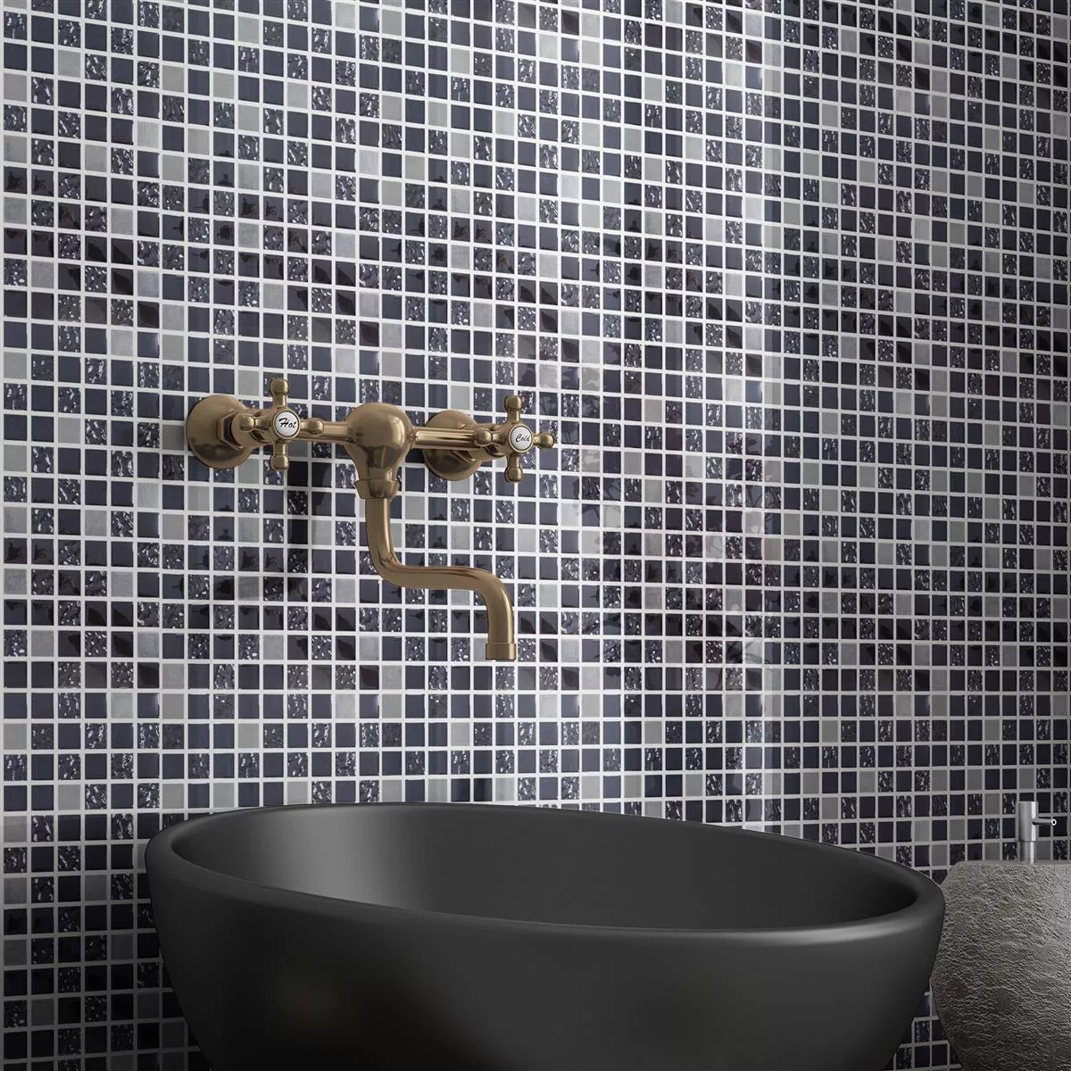 Padrão de Azulejo Mosaico Vidro Aço Inoxidável Blackriver Preto Prata Mix