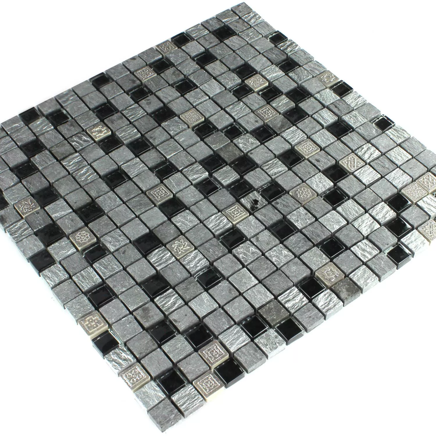 Azulejo Mosaico Vidro Pedra Natural Prata Preto