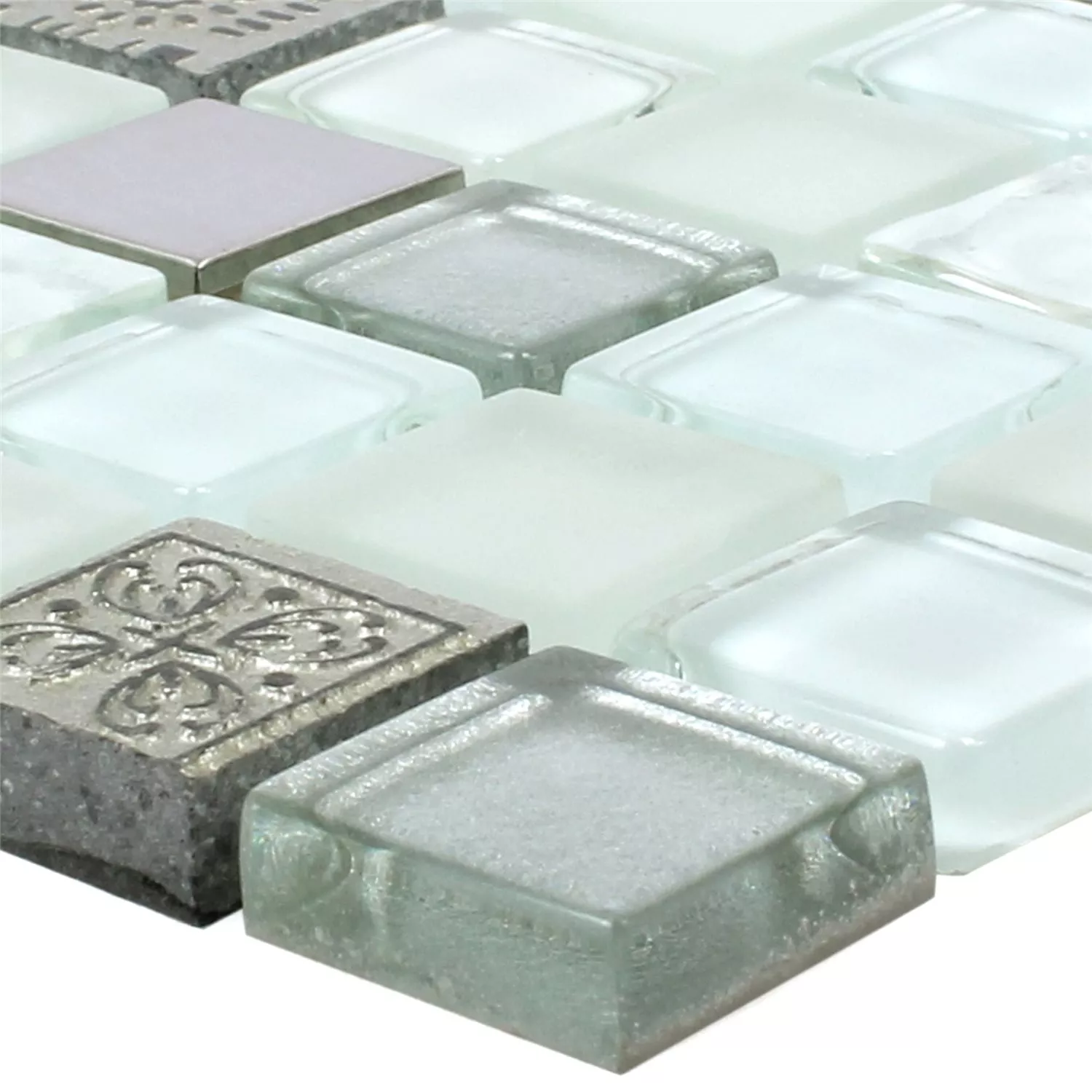 Azulejo Mosaico Vidro Resina Aço Inoxidável Mix Gramos Branco