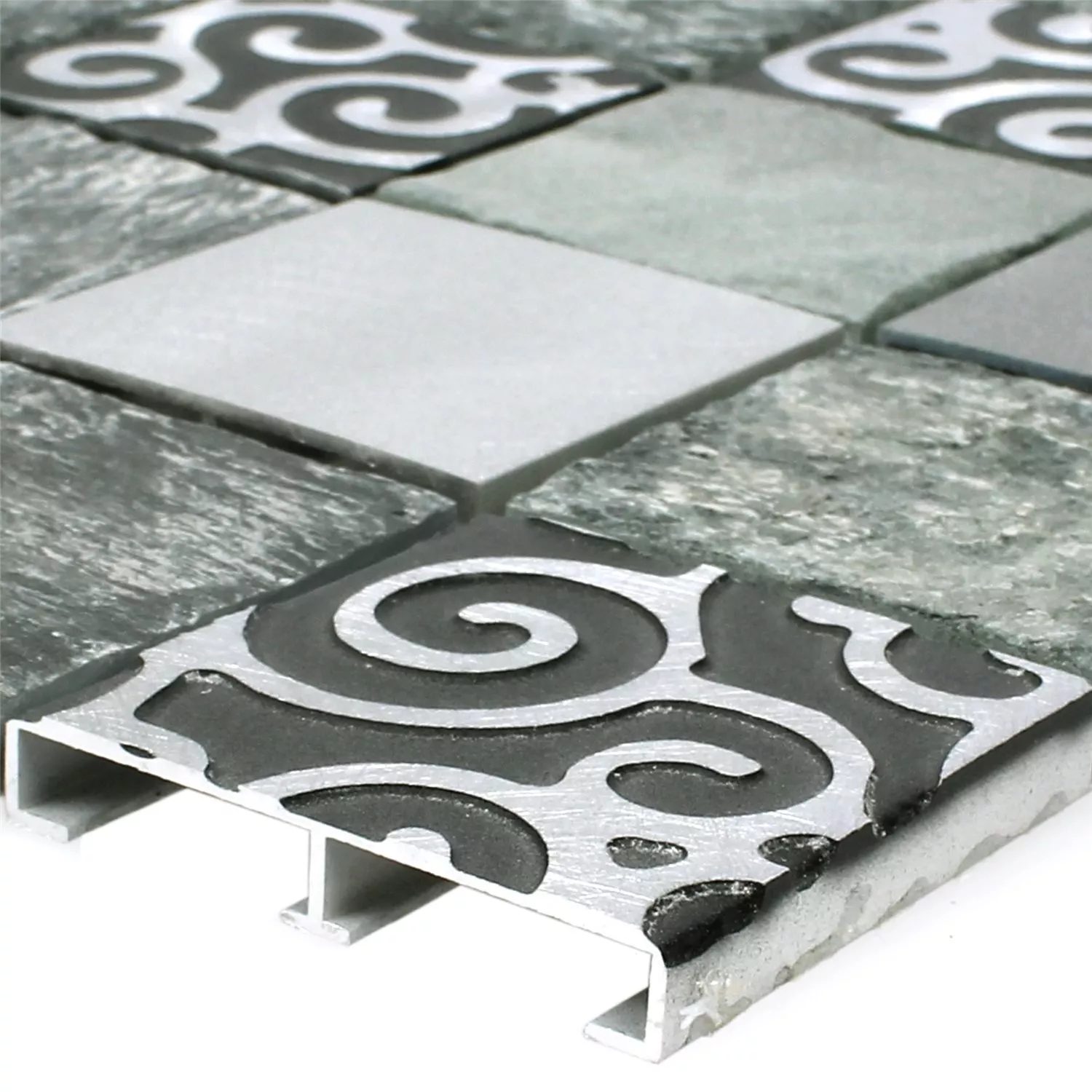 Padrão de Azulejo Mosaico Vidro Pedra Natural Alumínio Valdivia Cinza