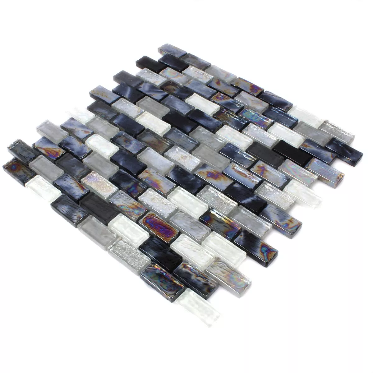 Azulejo Mosaico Vidro Efeito Petrol Black Mix 20x42x8mm