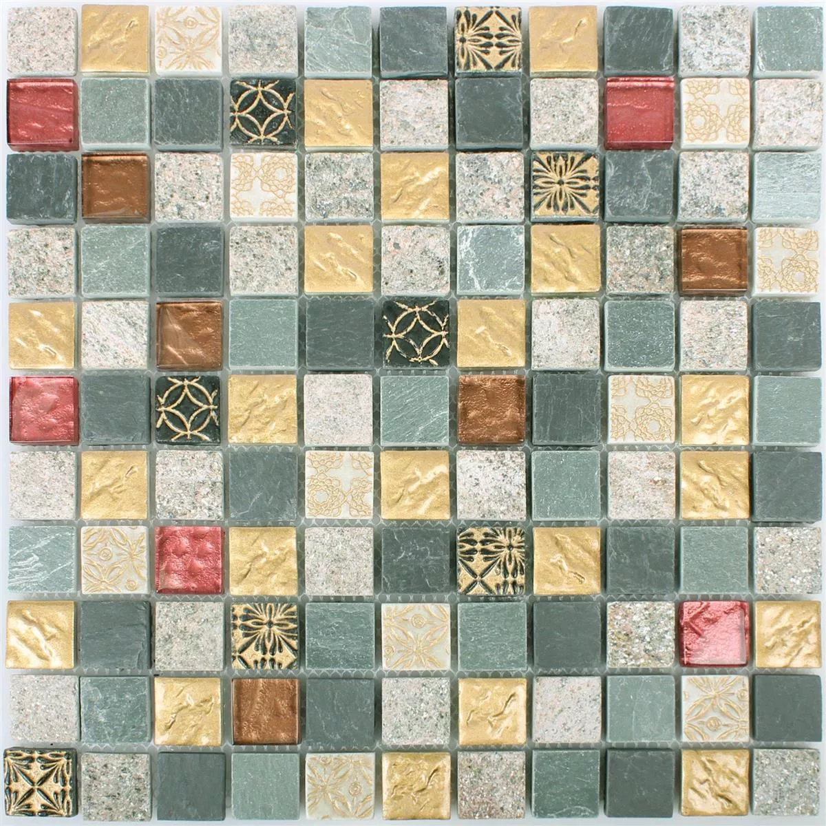 Padrão de Azulejo Mosaico Vidro Pedra Natural Mix Sulluna Ouro Cinza