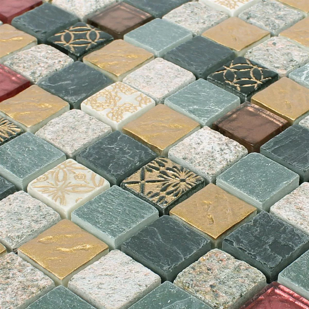 Padrão de Azulejo Mosaico Vidro Pedra Natural Mix Sulluna Ouro Cinza